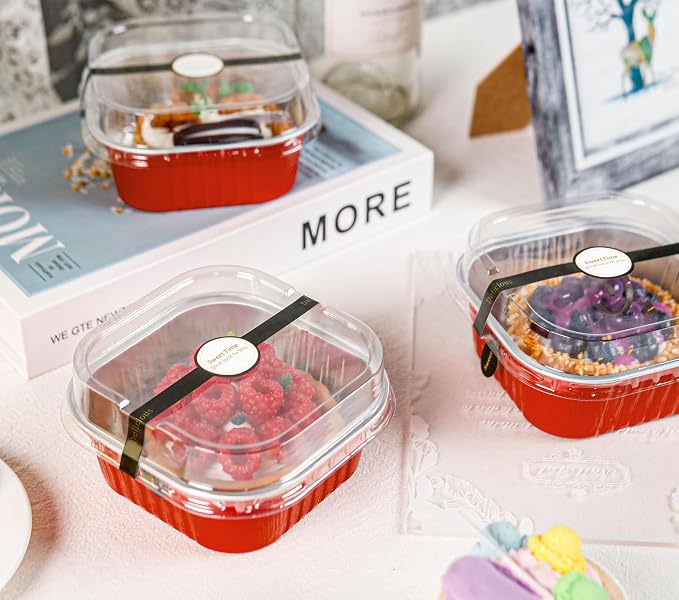 NPLUX 50 Pcs Mini Square Baking Cups with Lids and Spoons Aluminum Foil Mini Cake Pans with Lids Disposable Ramekins Cake Pans Dessert Cups for Wedding, Graduation Gifts Party Favors(Red,10oz)