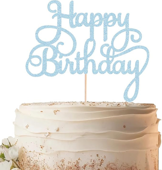 Happy Birthday Cake Topper - Light Blue Glitter Birthday Party Cake Decoration Supplies, Photo Booth Props