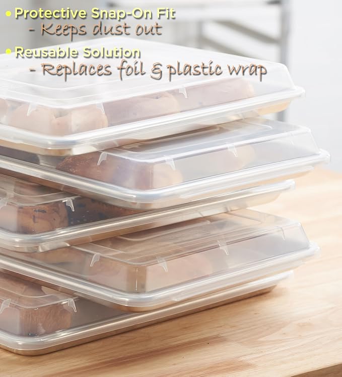 6-Pack 1/4 Size Sheet Pan with Cover Set (12 Piece Bundle), Dishwasher Safe Baking Pans & NSF Certified Polypropylene Lids, Compact Quarter Bun Pan for Meal Prep, Baking & Storage - Silver/Translucent