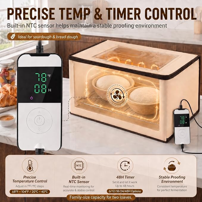 BLUBYEES Folding Bread Proofing Box, 3-Sided Heating with Precise 68-104°F Temp Control, 48H Timer, Family-Size Dough Proofer for 2 Loaves, Sourdough & Pizza Dough