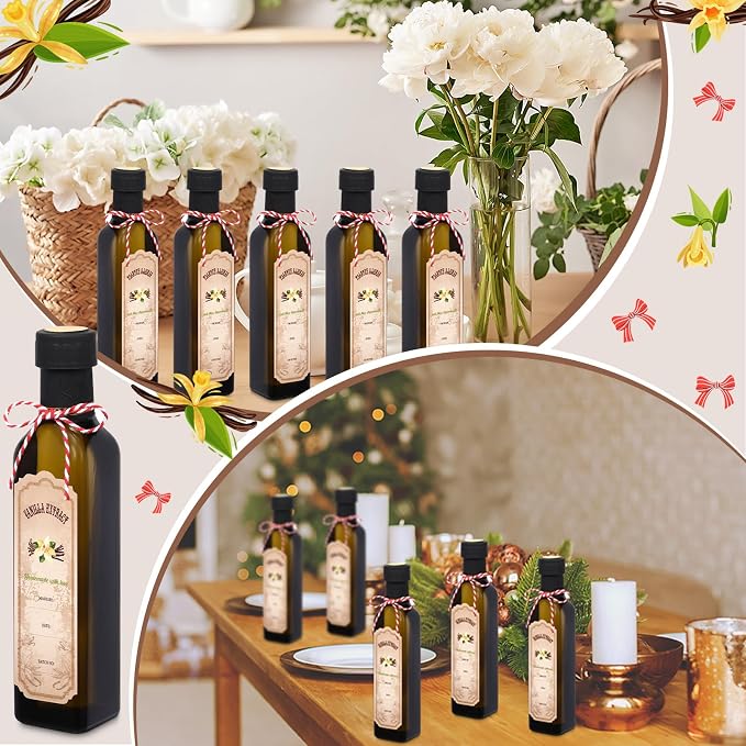 Tioncy 12 Pcs 8.5 oz Vanilla Extract Bottles for Homemade Vanilla Jar Amber Glass Square Bottle with Cap Shrink Band Sticker Syrup Food Storage Canister for Liquid Bean Sauce Spice Gift Giving(Black)