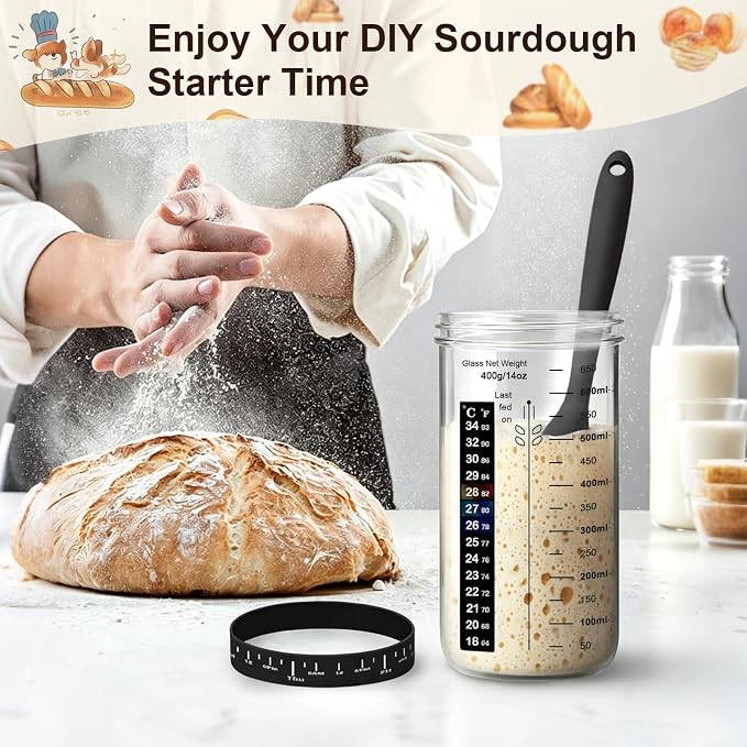 4 Pack Sourdough Starter Jar, 22 oz/650ml Wide Mouth Glass Jar Kit with Feeding Date Band, Thermometer, Silicone Spatula & Breather Cloth Cover, Ideal for Bread Making, Home Baking Beginners