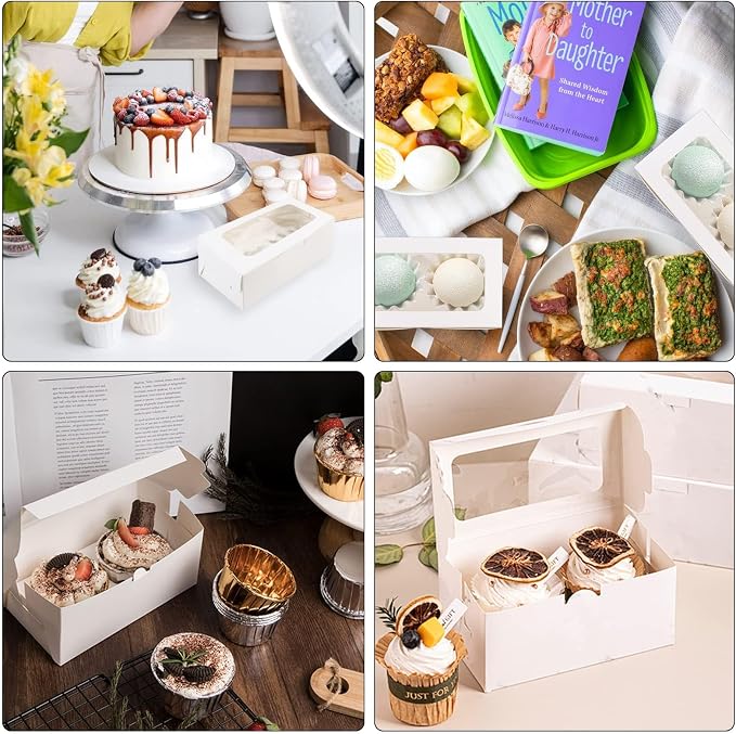 30 Pack White Paper Cupcake Boxes with 2 Cavity Cookie Gift Boxes with Clear Window 2 Treat Holder Cupcake Containers Bakery Cake Box for Birthday Party Holiday Bakery Supplies