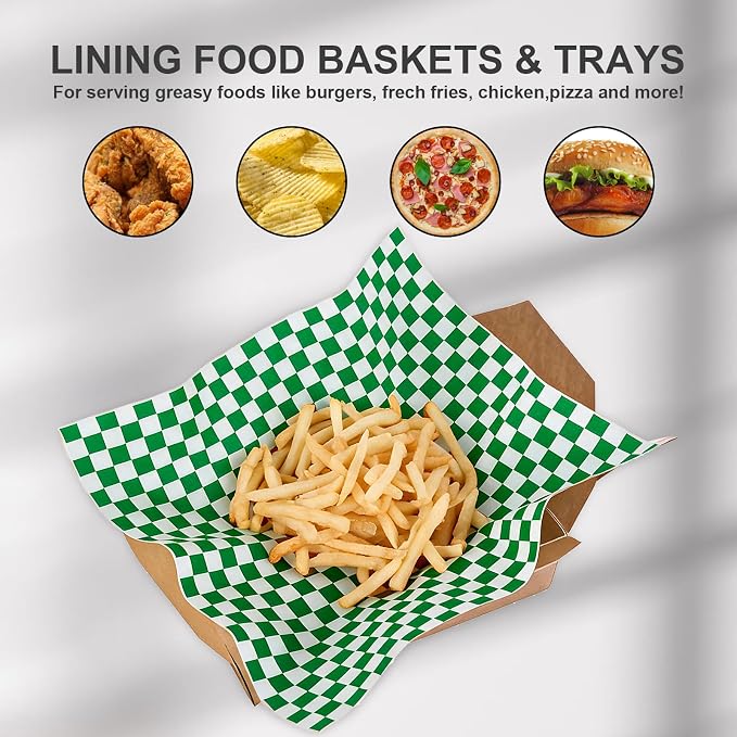 100pcs Deli Paper Sheets 12x12", Premium Food Basket Liners, Grease Resistant Wax Paper Sheets for Food, Classic Checkered Sandwich Wrapping Paper (Green & White)