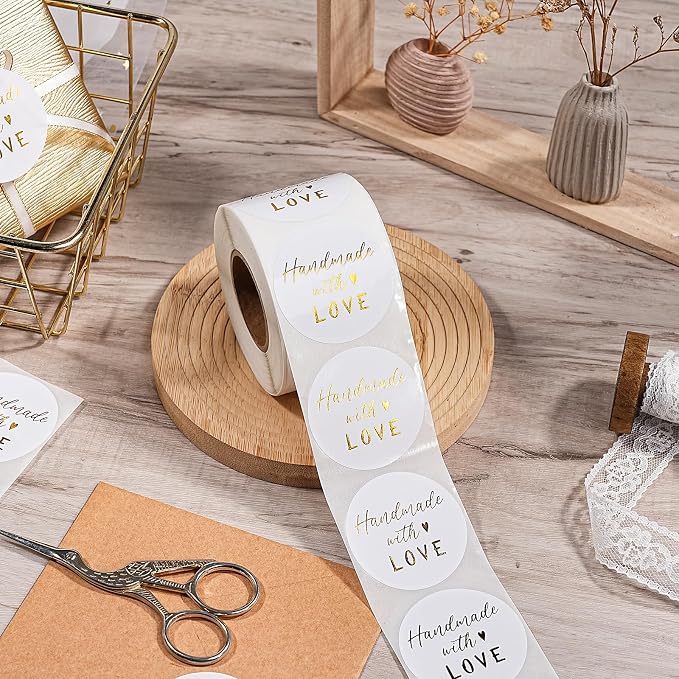 WRAPAHOLIC 2 Inch 500 Total Business Stickers Roll - Gold Foil Handmade with Love Design, Thank You Lables, Shipping Stickers for Party Decorations