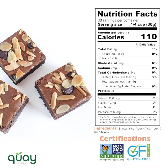 Quay Naturals Organic Brown Rice Flour Finely Milled 2 lb – Gluten Free, Non‑GMO, Whole Grain, Vegan Baking Flour, Stone Ground All Purpose Flour