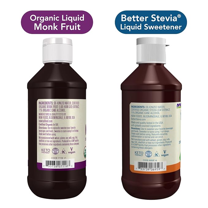 Bundle of NOW Foods, Certified Organic Monk Fruit Liquid + BetterStevia Original Zero-Calorie Liquid Sweetener, Non-GMO, Low Glycemic Impact, Gluten Free, Keto Friendly, Sugar Alternative, 8-ounce