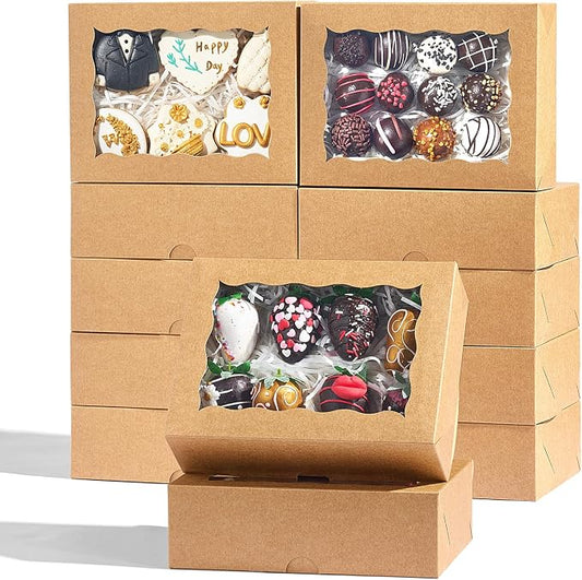 50 Pcs 8"x6"x2.5"Brown Bakery Boxes with Window, Pastry Box for Chocolate Strawberries, Cookies, Macarons, Truffles, Perfect for Thanksgiving Day, Mother's Day, Christmas Party Favors & Holid