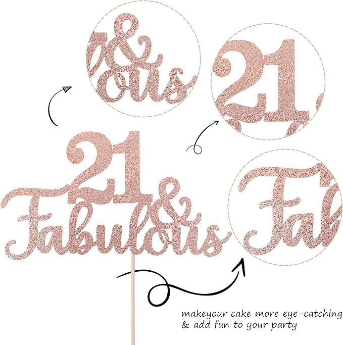 1 PCS 21 & Fabulous Cake Topper Glitter Twenty One and Fabulous Cake Toppers Happy 21st Birthday Cake Pick for 21st Wedding Anniversary Birthday Party Cake Decorations Supplies Rose Gold