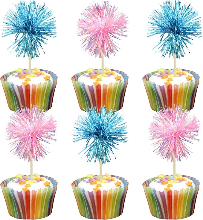 Gyufise 30Pcs Foil Firework Cupcake Toppers Sparkle Tinsel Cake Toppers Tinsel Drink Cake Decoration Cocktail Picks for Birthday Wedding Graduation Party Supplies Light Blue Pink