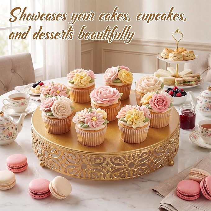 Wenqik 12 Inch Cake Stand Round Metal Cupcake Dessert Wedding Cake Stand Cookies Display Holder Fruit Food Serving Tray for Table Wedding Birthday Anniversary Party Decor (Gold)