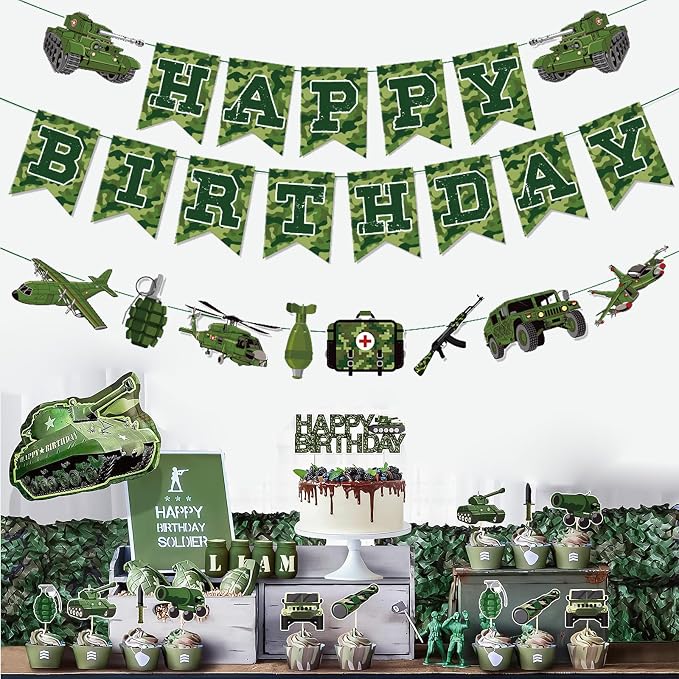 Zwiebeco Camouflage Happy Birthday Party Decoration Green Camo Banner Hanging Paper Bunting Garland Sign for Boys Kids Mens Adults Aoldier Military Themed Accessories Supplies