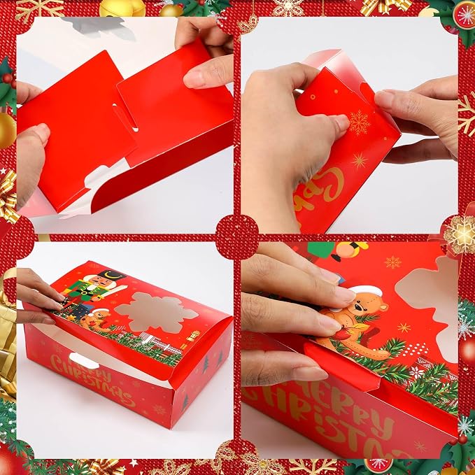 Beeveer 24 Pcs Christmas Cookie Boxes for Gift Giving Christmas Treat Boxes with Window Christmas Cookie Containers 8.7 x 5.7 x 2.8 Inch Kraft Holiday Bakery Box for Xmas Party Favor Cupcakes Candy