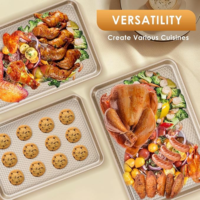 Baking Sheet Pan Set of 3, Nonstick Carbon Steel Cookie Sheets with Texture | Commercial Half/Quarter/Jelly Roll Pans Replacement Toaster Oven Tray, Heavy Duty & Easy Clean, Champagne Gold