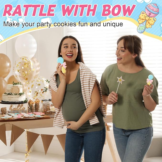 Havawish 4 Pcs Cookie Cutter Set 2 in to 5 in Cookie Cutter Stainless Steel for Baking Fondant Fruit Bread Birthday Party Decorations (Rattle with Bow)