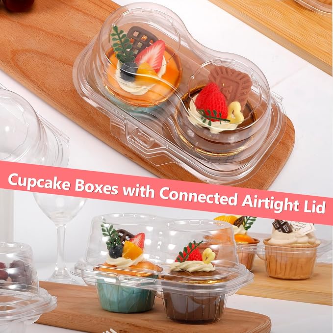 Jeffbaubl 60 Pcs 2 Cavity Cupcake Boxes,Clear Plastic Cupcake Containers,2-Compartment Cupcake Carrier Holder Box with Lids,Stackable Disposable Cupcake Holder for Muffins Pies