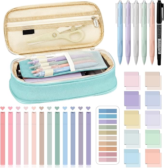 Jutom 39 Pcs Aesthetic Book Annotation Kit Highlighter with Case Bag Gel Pen Transparent Sticky Note Taking Bible Supplies(Mint Green,Cute Style)