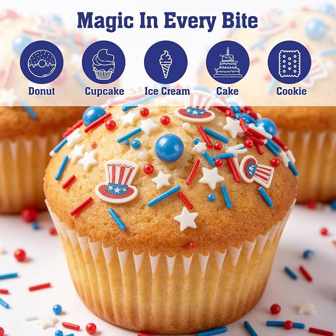 Twisweet Patriotic Sprinkles, Star Striped Hat Sprinkles for Cake Decorating, Edible Red White Blue Sugar Sprinkle Mix, Star-Shaped and Jimmies Baking Candy Bulk, Cupcake Topper Cookie Ice Cream Cake Decorations, 4th of July Independence Day Party Supp...