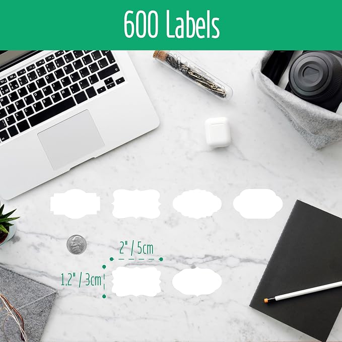 600 PCS Kraft Paper Stickers, 6 Fancy Shapes Labels Self Adhesive Blank Stickers for Crafts, Homemade Food Jars, Gift Tags, Name Labels, Envelope Labels, Home Office Business Uses (White, 1.2” x 2”)