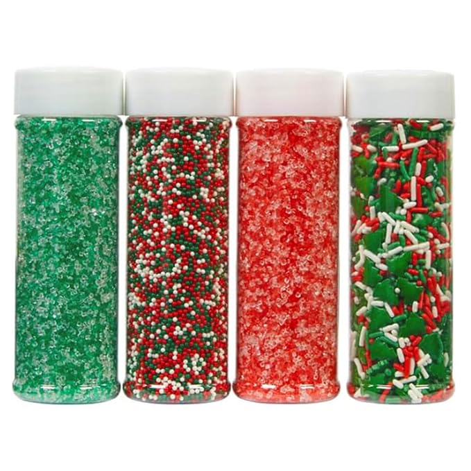 Sarah's Candy Factory Holiday Sprinkles Set 4 Count 19.3 Oz | Cake Cookies For Christmas, Party, Kosher, Green&White Sugar, Nonpareils, Red&White Sugar, Tree Mix Different Types in Jar