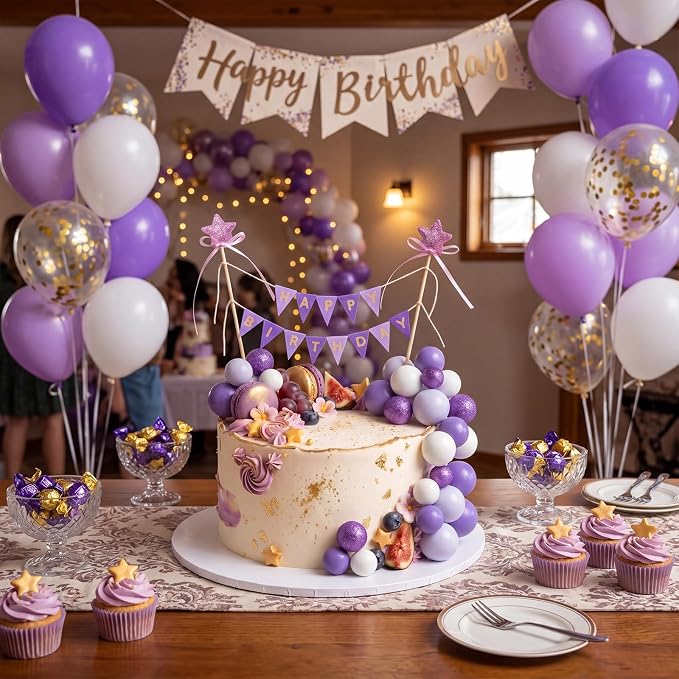 21 Pcs Happy Birthday Cake Topper Cake Bunting Topper Banner with Wood Pole Rainbow Garland with Bow Ribbon Balloon, Mini Cupcake Decor for Birthday Baby Shower (Purple,White)