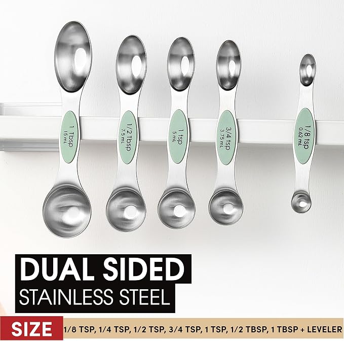 Spring Chef Stainless Steel Magnetic Measuring Spoons Set of 8 with Leveler, Dual Sided Teaspoon & Tablespoon Set, Nesting Metal Kitchen Gadgets for Baking & Cooking, Fits in Spice Jars - Pistachio