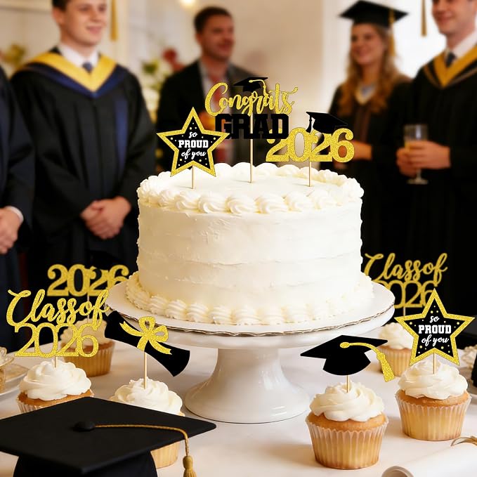 48 PCS Graduation Cupcake Toppers, 6 Styles Congrats Grad Cake Topper, Black and Gold Graduation Decorations 2026, Glittery Cap and Diploma Cake Picks for Grad Party Decor Supplies