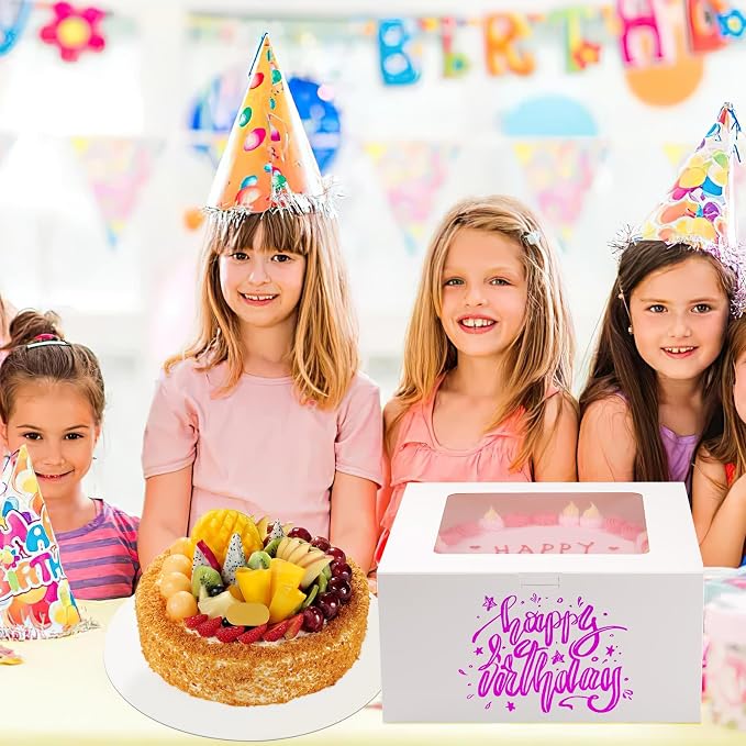 WINKIO Cake Boxes with Cake Boards, 4 Pack 10 Inch Cake Boxes with Window, Disposable Bakery Box for Cake Cookies Pies Cupcakes Pastry