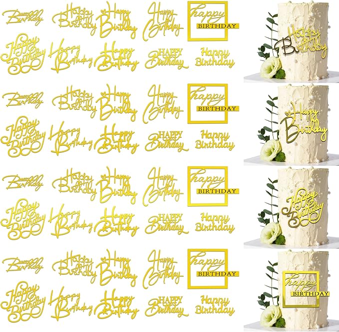 40 PCS Gold Happy Birthday Cake Toppers Mirror Acrylic Toppers with 10 Styles or Birthday Party Cake Desserts Pastries