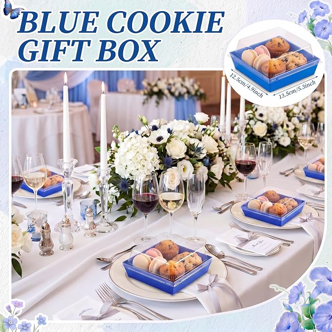 Potchen 50 Pack Bakery Boxes with Clear Lids, Disposable Charcuterie Treat Boxes for Cookies, Donuts, Cupcakes, Candy and Mini Cakes, Party Favor for Wedding and Gift Giving(Dark Blue Pattern)