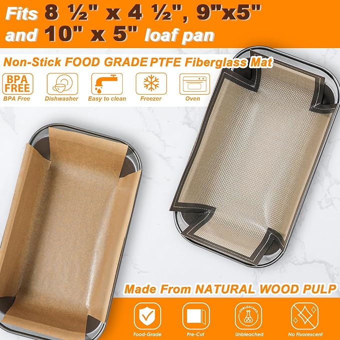 Webake 100PCS Unbleached Parchment Paper Loaf Pan Liners with 1 Reusable Silicone Loaf Liner for 9x5 1lb, 1.5lb & 2lb Loaves, Nonstick, Precut