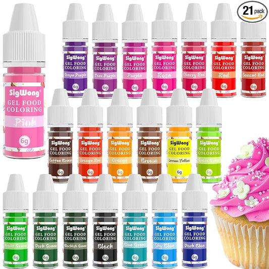 Gel Food Coloring Set - 21 Colors Tasteless Based Color Dye, Vibrant Edible Icing for Cake Cookie Decorating, Baking, Fondant, Frosting, Easter Eggs, with Gloves (6g/Bottle) Vegan
