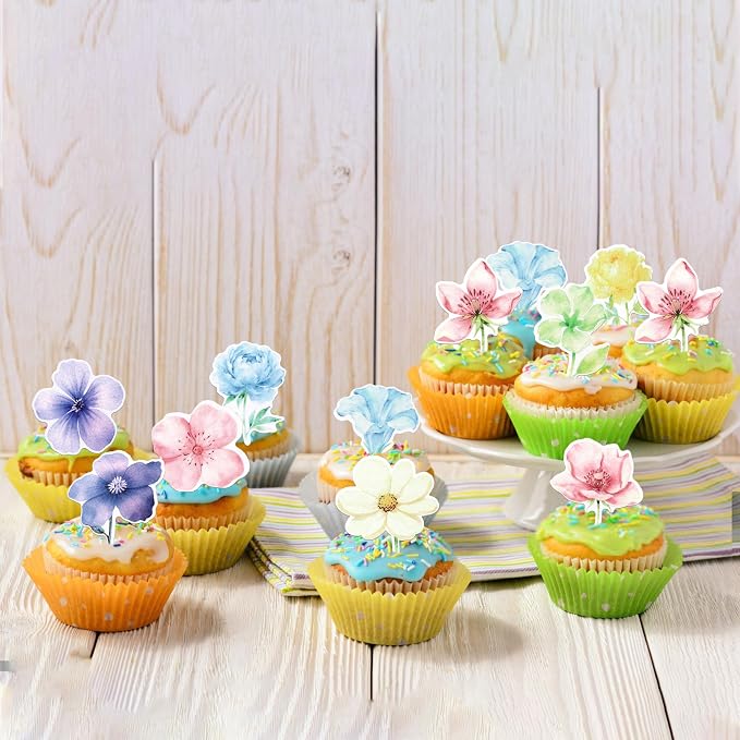 60 PCS Edible Flowers Cupcake Toppers Wafer Paper Daisy Rose Flower Cherry Cupcake Toppers Edible Flowers Cake Decorations for Baby Shower Wedding Birthday Valentine's Day Party Decorations Supplies