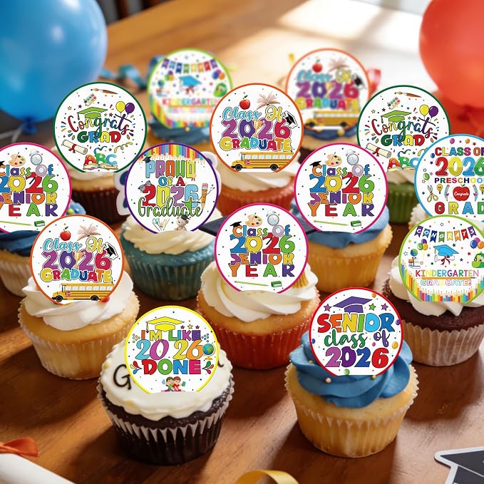 48pcs Edible 2026 Kindergarten Graduation Cupcake Toppers Wafer Paper Preschool Cake Decorations Edible Class of 2026 Cupcake Picks for 2026 Kindergarten Grad Theme Party Cake Decor Supplies