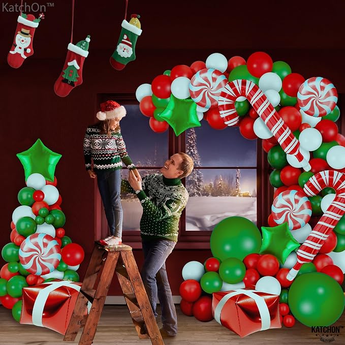 KatchOn, Christmas Balloon Arch Kit - Pack of 123 | Latex & Foil Balloons for Outdoor Christmas Decorations Indoor | Candy Cane Balloon for Merry Xmas Balloons Decorations | Xmas Latex Balloon