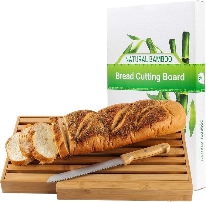 BAMBOO LAND- Large Bamboo Bread Cutting Board with Crumb Tray with Large Bread Knife, Bread Serving Tray for Kitchen