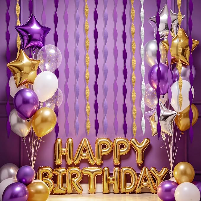 AOYOO Crepe Paper Streamers, 6 Rolls Purple Gold and Silver Party Streamers, Lavender White Decorations for Rapunzel Birthday, Graduation, Princess Theme Party and Wedding Supplies
