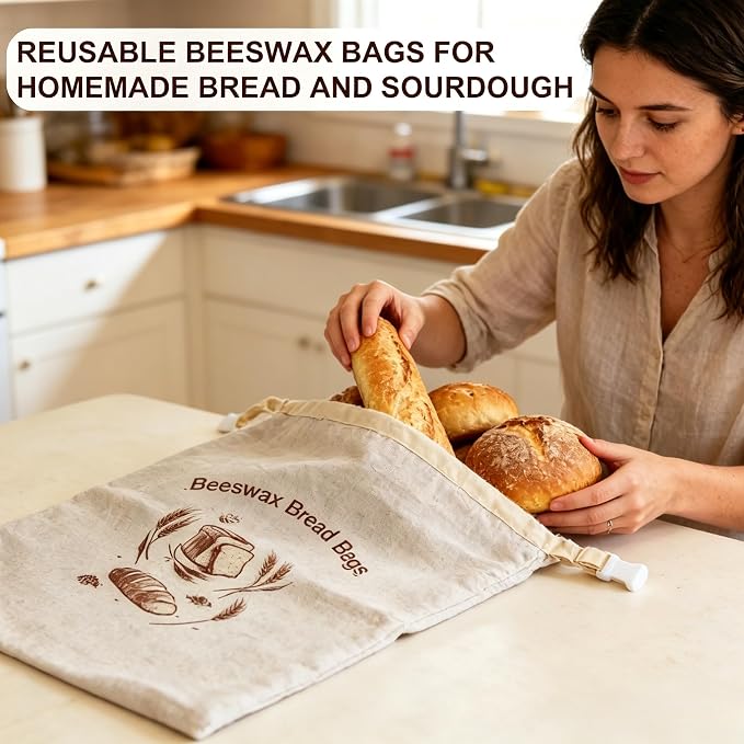 Reusable Beeswax Bread Bags 2 Pack by WSDKNS, for Sourdough & Homemade Bread, Large 17x13 Inch Linen Bag with Beeswax Lining to Keep Food Fresh | Freezer-Friendly & Stylish Design
