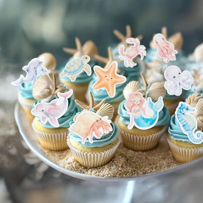 Gyufise 60Pcs Edible Mermaid Cupcake Toppers Octopus Seahorse Turtles Cupcake Picks Edible Under the Sea Party Decorations for Ocean Animal Theme Baby Shower Birthday Party Cake Decoration Supplies