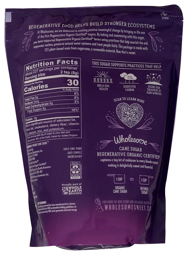 Wholesome Sweeteners 4-Pound Organic Cane Sugar, Fair Trade, Non GMO, Gluten Free & Vegan for Baking and Sweetening, 1 Pack