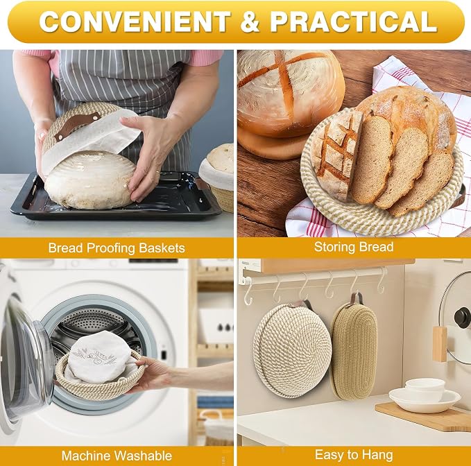 Nikkar Banneton Bread Proofing Basket Set of 2, 9 10 11 inches | Round & Oval Cotton Rope Sourdough Bread Baking Supplies Proofing Bowls with Liners & Covers Gifts for Bakers Women Wife Mom