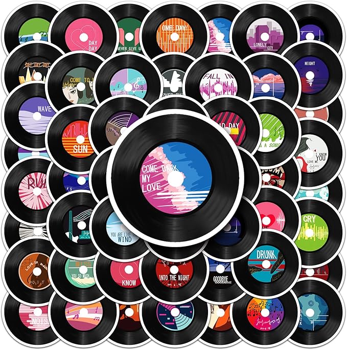 Vintage CD Stickers, 50pcs Colorful Aesthetic Music Label Decor Stickers Black Record Cutouts for Wall Collage Scrapbooking Journal Laptop Water Bottles Music Themed Party Decorations