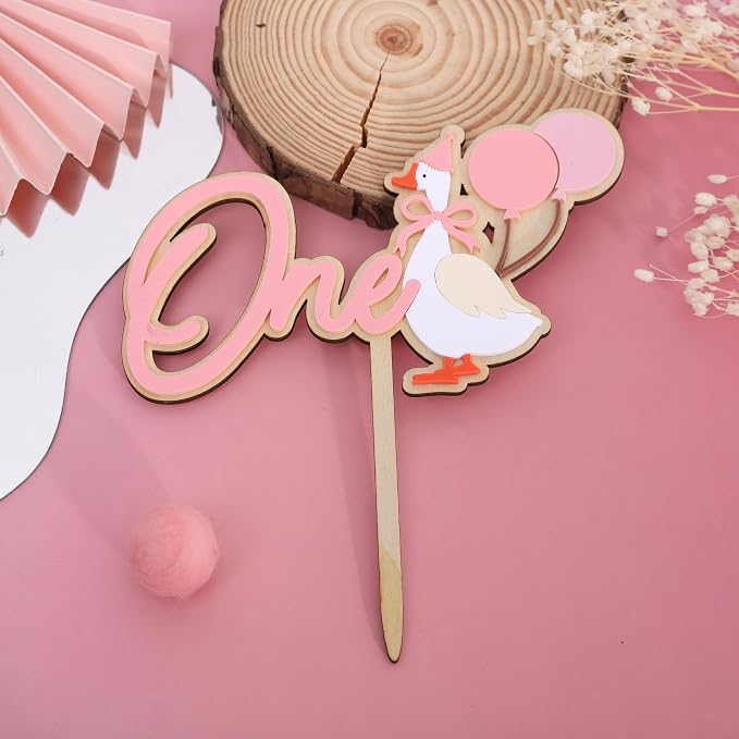 One Silly Goose 1st Birthday Cake Topper - Silly Goose First Birthday Decorations,Baby Girl 1st Party Decor (pink)