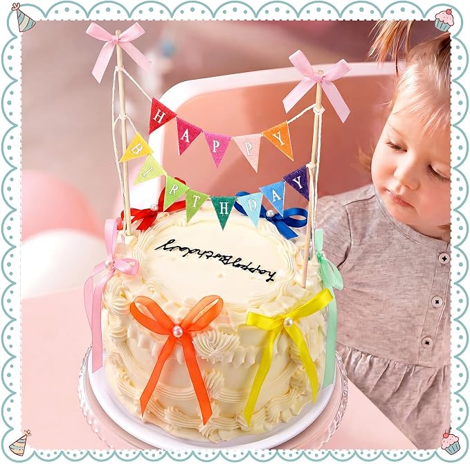 Honeydak Colorful 11 Pcs Bow Ribbon Cake Topper Happy Birthday Cake Bunting Topper with Wood Pole Handmade Pennant Flags with Bows Ribbon for Birthday, Bridal Party Decoration