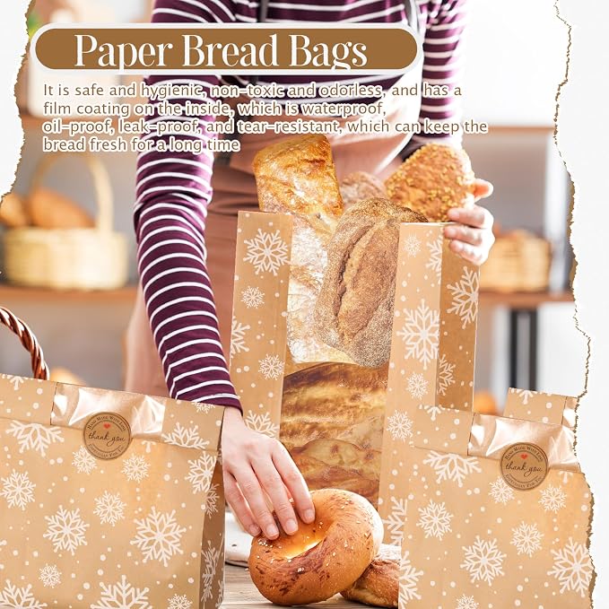 Feifeiya 100 Pack Kraft Paper Bread Bags for Homemade Sourdough Bread with Window & Stickers, 13.7x8.3 Large Bakery Bags for Loaves Greaseproof Food Packaging for Baking Gifts, Brown(Snowflake)
