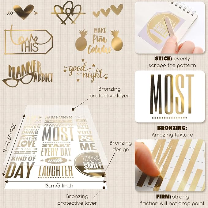 Chinco 10 Sheets Scrapbook Stickers 400+ Pcs Gold Love Stickers Foil Transfer Scrapbooking Supplies for Anniversary