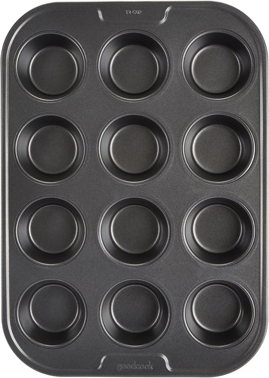 GoodCook PRO Muffin Pan Nonstick Cupcake Pan, Warp & Scratch-Resistant Dishwasher-Safe Carbon Steel Construction for Even Baking with or Without Liners, 12-Cup, Gray