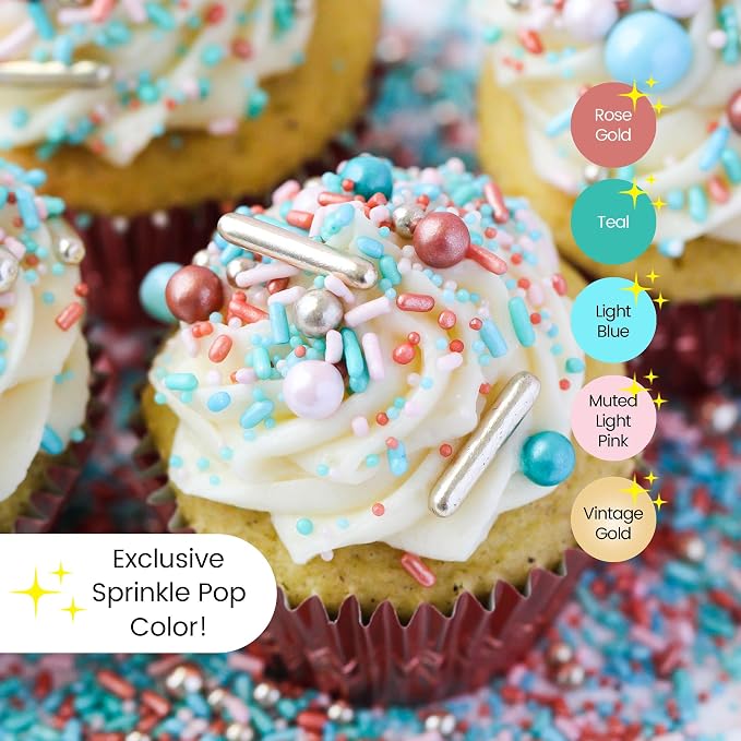 Sprinkle Pop Old Hollywood Sprinkle Mix| Light Pink Blue Teal Rose Gold Sprinkles with Vintage Rose Gold Dragees| Wedding Bridal Shower Sprinkles Made in USA for Cakes Cupcakes Cookies Donuts, 2oz