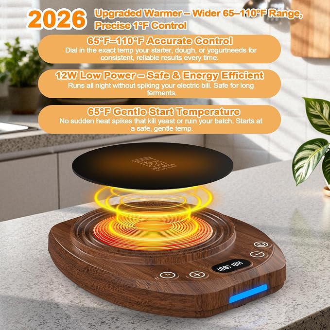 Sourdough Starter Warmer Mat,65-110°F 1°F Precision, 24H Timer & Memory, Electric Heating Mat for 24-40oz Jars, Home Baking（Wood grain）