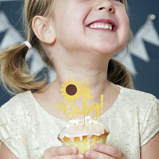 24 Pack Gold Glitter Sunflower Baby Shower Cupcake Toppers